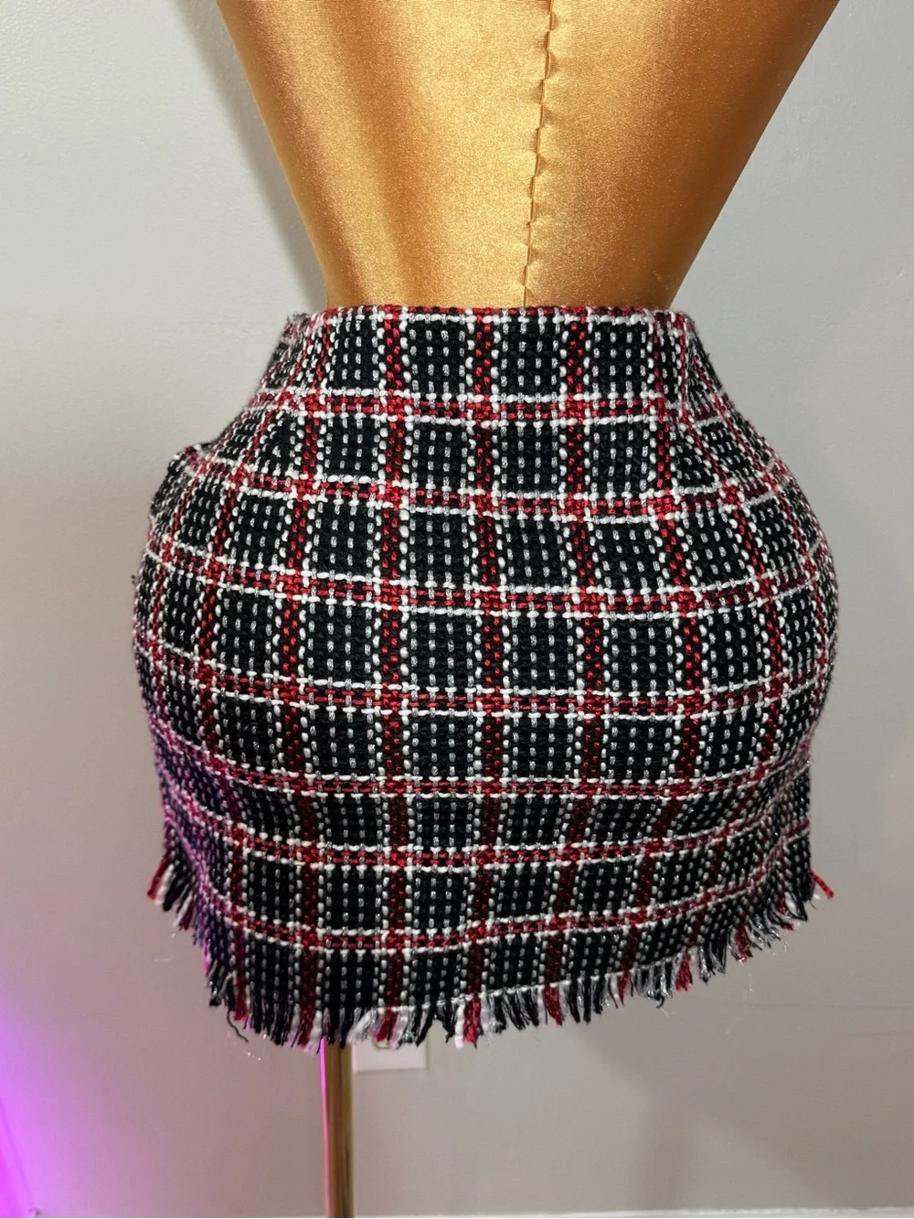 GB girls Black, Red & White Plaid Tweed Fringe Mini Skirt